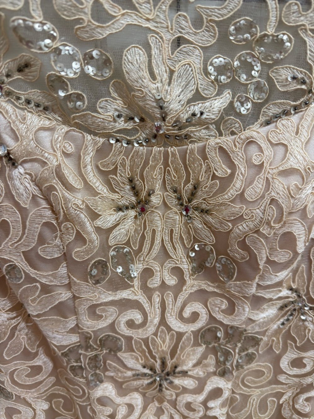 Sue Wong, Embellished Champagne Lace Sheath Dress, Size 2 - Picture 3 of 9